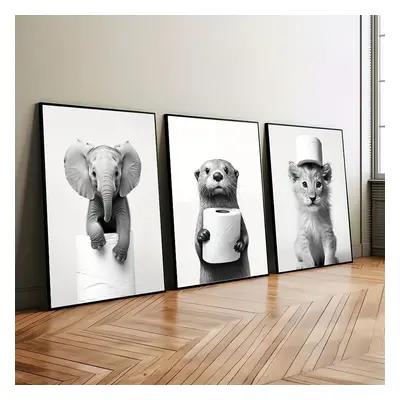 Set Of Frameless Cute Black And White Animal Posters: Otter, Lion, Elephant With Toilet Paper - 