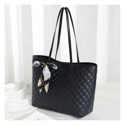 Quilted Tote Bag With Bow - Black, White, And Brown - Large Capacity, Handwash Or , No Magnetic 