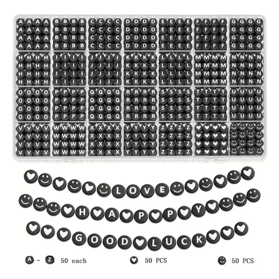 1box/28grids 1400pcs Black And White Flat Round Loose Beads With Letters Smiling Face Acrylic Sp