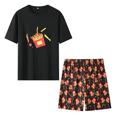 2 Pcs Men's Funny French Fries Print Short Sleeve T-shirts & Shorts Pajama Sets, Comfortable & S