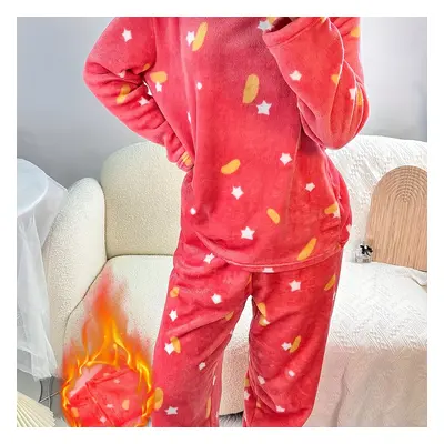 TEMU 2pcs Set Women's Autumn And Winter New Print Pajama Set Flannel Plus Velvet Warm And -frien