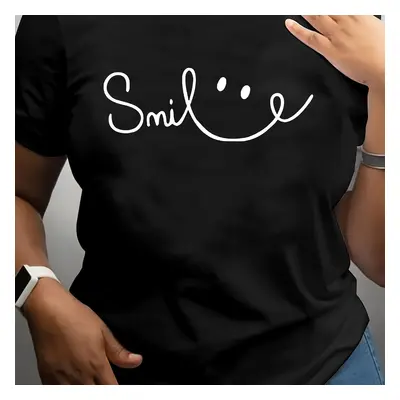 Women's Plus Size Casual Sporty T-shirt, Smile Face Print, Comfort Fit Short Sleeve Tee, Fashion