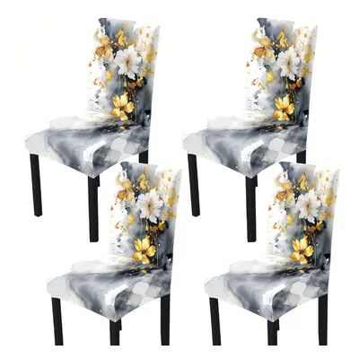 Velvet Upholstery Chair Cover With Floral Pattern, Stretch Fabric, Pieces, Black And White, Suit