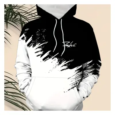 Men's Casual Fashion Polyester Hoodie With Black And White Abstract Print, 100% Polyester, Knit 