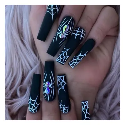 24pcs Matte Black Fake Nails, White Cobweb And Rhinestone Spider With Design, Full Cover Long Co