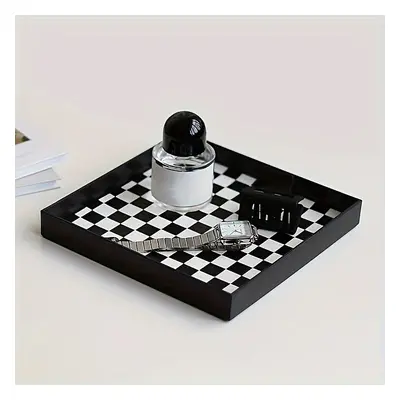 1pc Acrylic Plastic Decorative Tray With Black And White Checker Pattern, Rectangular Vanity Org