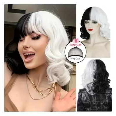 2-pack Female Wig: Mid-length Curly Hair, Black And White Split-color, Perfect For Cosplay, Anim