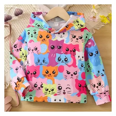 Girls Funny Cute Cats Allover Hooded Long Sleeve Sweatshirt For Toddler Kids, Spring And Autumn