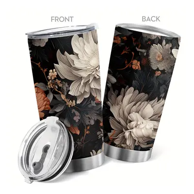 1pc Flowers Of Travel Mug 20oz Tumbler Double Wall Vacuum Insulated Coffee Mug Black And White F