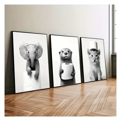 Set Of Unframed Canvas Prints, Black And White Animal Art, Funny Bathroom Wall Decor With Otter,