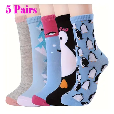 5 Pairs Of Lovely Penguin Crew Socks, Soft Breathable Comfy Socks For Family , Funny Creative Gi