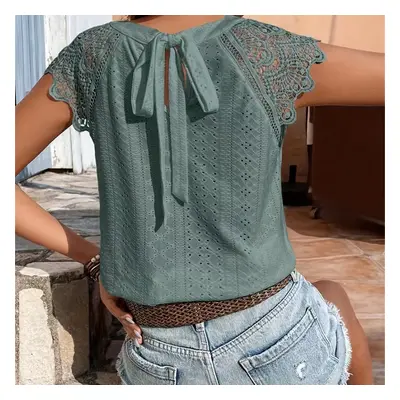 TEMU Eyelet Lace Splicing Tie Back T-shirt, Casual Solid Color T-shirt For , Women's Clothing