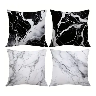 4pcs Black And White Marble Coarse And Fine Pattern Printed Pillowcase 45*45cm, Home Decor, Room