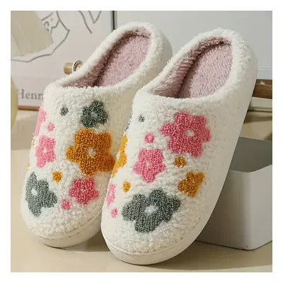 Women's Cozy Floral Fleece Winter Indoor Slip-on Slippers, Korean Style, Warm Plush Home Shoes, 