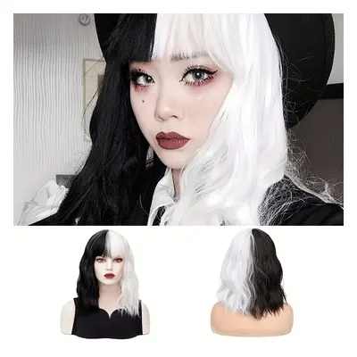 Women's Black And White Split Long Curly Wave Wig With Bangs - Heat Resistant Tang Long Fiber, R