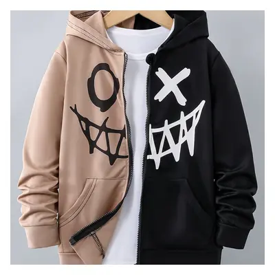 Funny Expression Graphic Print Boys Colorblock Zip Up Hoodie Sweatshirt Casual Long Sleeve Hoodi