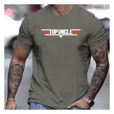 Men's Top Uncle Pattern Letter Print Short Sleeve T-shirts, Comfy Casual Slightly Stretch Crew N