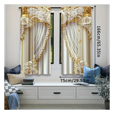 TEMU Elegant White And Golden Floral Drapes, Polyester Woven Blackout Window Panels For Various 