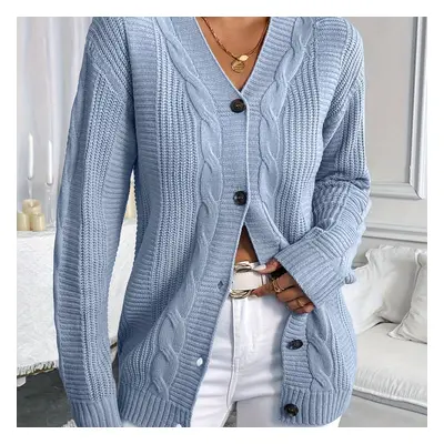 Solid Color Button Front Knitted Cardigan, Elegant Cable Stitch Long Sleeve V Neck Drop Shoulder