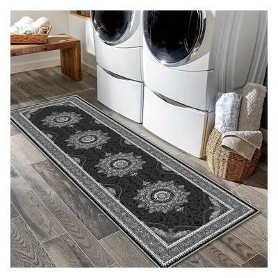 TEMU 1pc Crystal Velvet Black And White Floral Corridor Long Strip Carpet Rug With Point Plastic