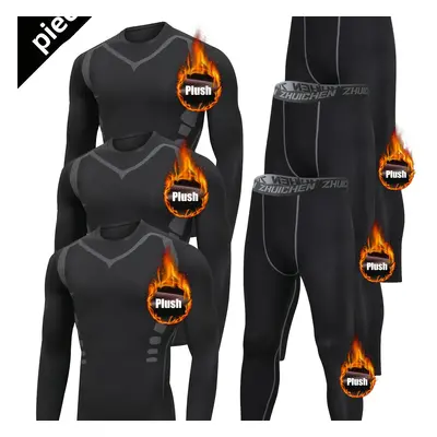 TEMU Men's 6pcs Athletic Set: Fleece-lined, Print Tops & Leggings For Running & Gym - Warm, Stre