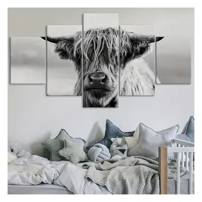 TEMU 5pcs Framed Canvas Poster, Black And White Highland Cattle Painting, Panel Scene Canvas Wal