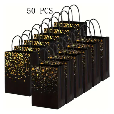 50pcs Paper Gift Bags, Black Golden Gift Bags Shopping Bags Bulk Kraft Paper Bag Party Favor Bag