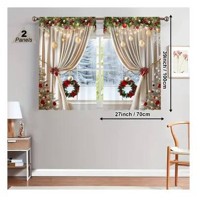 TEMU 2pcs Luxurious Christmas Curtains With Pocket - 3d , Light-filtering, For Living Room, Bedr