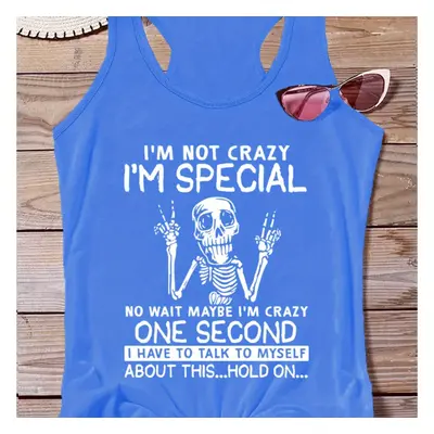 TEMU Skeleton & Letter Print Casual Vest T-shirt, Round Neck Racer Back Stretchy Sports Tank Top