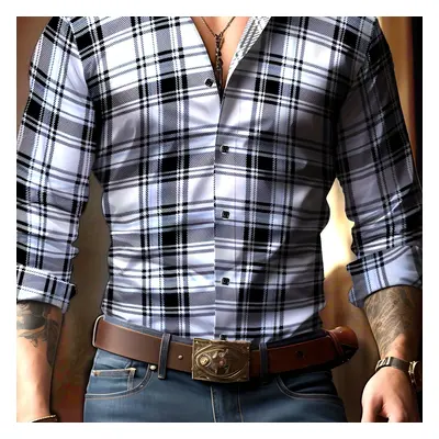 Men's Casual Plaid Long Sleeve Shirt, Loose Fit, Street Style, Korean Fashion Trend, Summer Spri