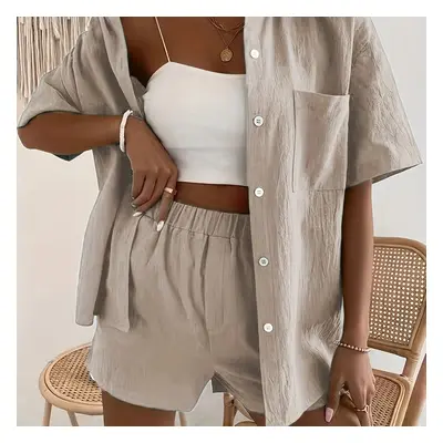 TEMU Solid Casual Two-piece Set, Button Front Short Sleeve Shirt & Waist Shorts Outfits, Women's