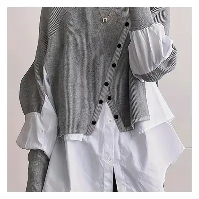 TEMU New European And American Station Round Neck Long Sleeve Knitted Spliced White Shirt