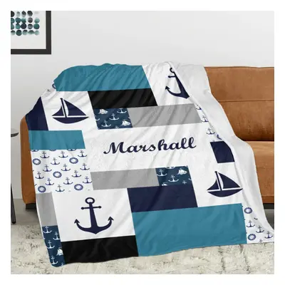 Custom Name Flannel Throw Blanket - Nautical Anchor Design, Couch, Bed, Office, And Outdoor Use 