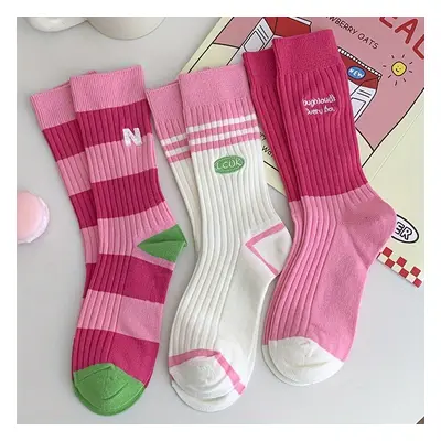 3 Pairs & Striped Socks, Korean Style Sweet All- Mid Tube Socks For Fall & Winter, Women's Stock