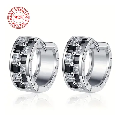 TEMU S925 Sterling Silver Vintage Style Hoop Earrings, Black And White Checkered Zirconia Decor 