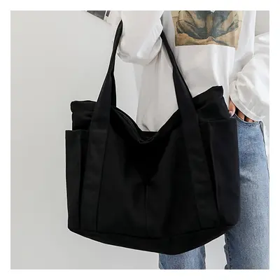 Large Capacity Canvas Tote Bag, Multi Pockets Shoulder Bag, Simple Shopping Bag & Travel Bag