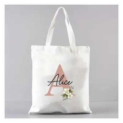 1pc Custom Name On Elegant Floral Letter Canvas Tote Bag, Large Capacity Folding Shopping Bag Fo