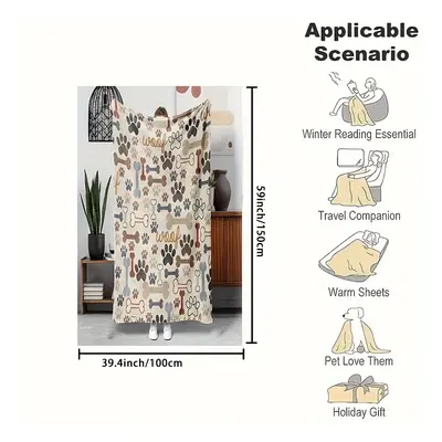 TEMU Cozy Flannel Throw Blanket With Dog Print - Couch, Bed, Travel, And Office - , Hypoallergen