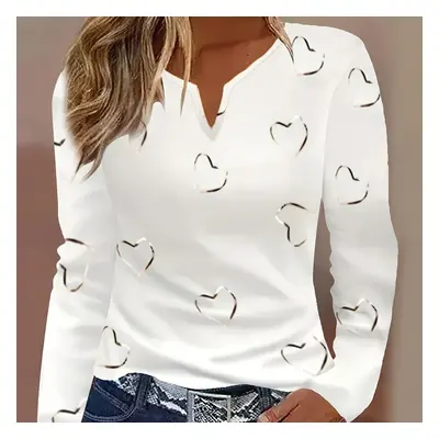 TEMU Heart Print Long Sleeve T-shirt, Casual Notched Neck Top For Spring & Fall, Women's Clothin