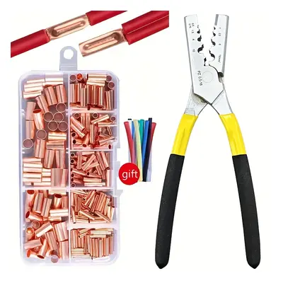 TEMU 250pcs Copper Tubing & Crimping Pliers Set - Ideal For Electricians, Metal Wire & Cable Lug