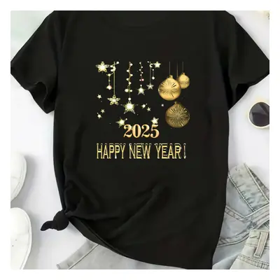 TEMU Women's Plus Size Happy New Year Graphic Tee - Casual Short Sleeve Crew Neck T-shirt, Stret