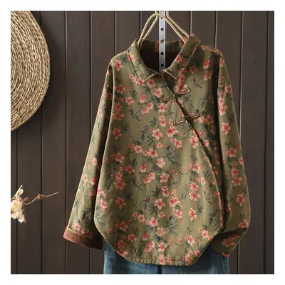 TEMU Plus Size Floral Print Collar Shirt, Chinese Top For Fall & Winter, Women's Plus Size Cloth