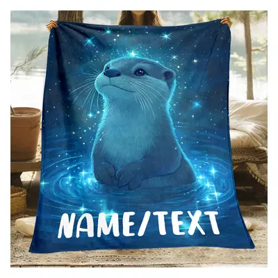 TEMU 1pc Blue Otter Custom Name Portable Blanket- Lightweight Flannel Throw For Sofa, Bed, Trave