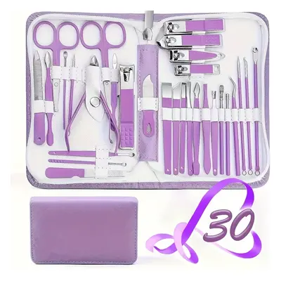 Nail Clipper Set, Purple 30pcs Set Manicure Set, Anti Splash Fingernail Cutter Stainless Steel N