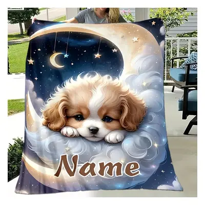 TEMU Custom Name Flannel Throw Blanket - Puppy & Moon Print, Couch, Bed, Office, And Outdoor Use