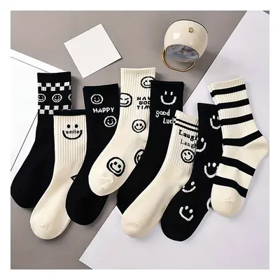 TEMU Pairs Black And White Smiling Face Mid-calf Socks, Casual Preppy Style Socks, Women's Stock