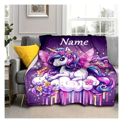 TEMU Custom Text Unicorn & Print Flannel Blanket - Soft, Warm Personalized Throw For Couch, Bed,