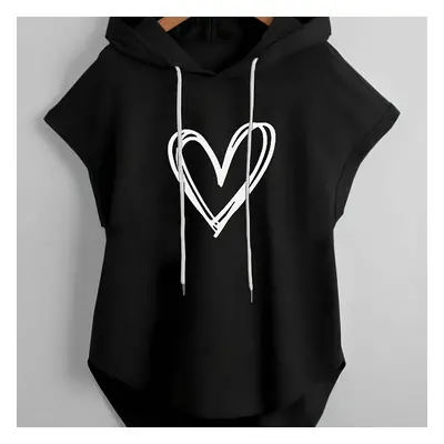 TEMU Heart Print Hooded Drawstring T-shirt, Casual Short Sleeve Top For Spring & Summer, Women's