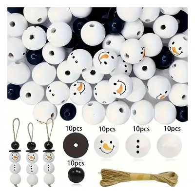 TEMU 50pcs Christmas Snowman Wooden Beads Set - Black & White, And Holiday Crafts, Best For Chri