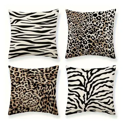 TEMU 4pcs Set Animal Print Pillow Covers - Leopard & Zebra Designs In Black And White, Durable P